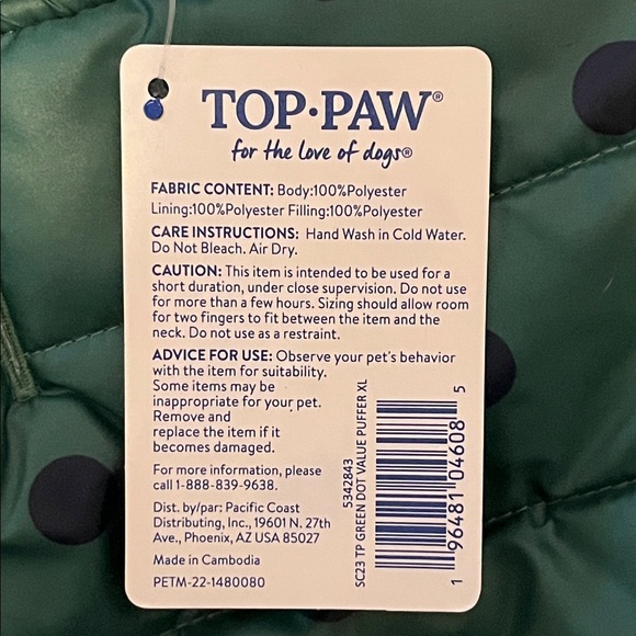 Dog Puffer Jacket in Green with Navy Polka Dots by Top Paw XL NWT - Picture 5 of 9